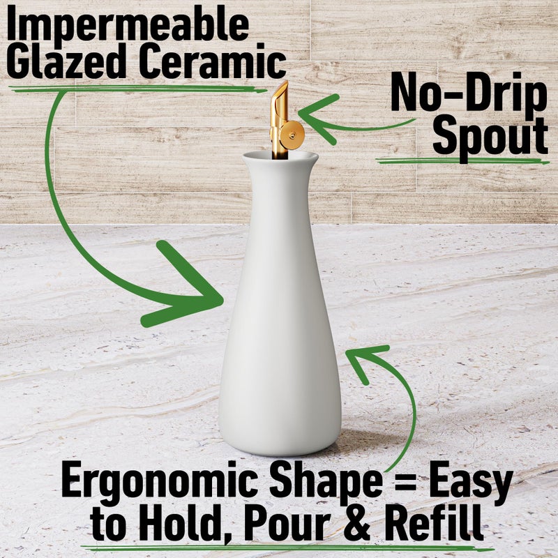 HB Design Co. Ceramic Olive Oil Dispenser with Self-Closing Gold Spout - 530 ML Capacity Matte White Ceramic Oil Dispenser for Kitchen - Leak Proof EVOO Dispensing Bottle - Stylish  Ergonomic  Durable  Easy Pour - Image 2